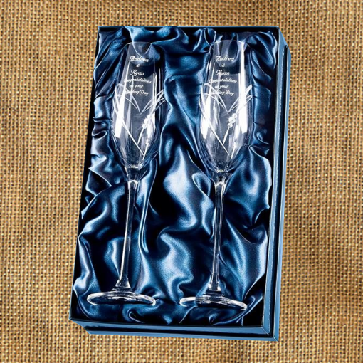 2 Diamante Champagne Flutes In A Satin Lined Gift Box